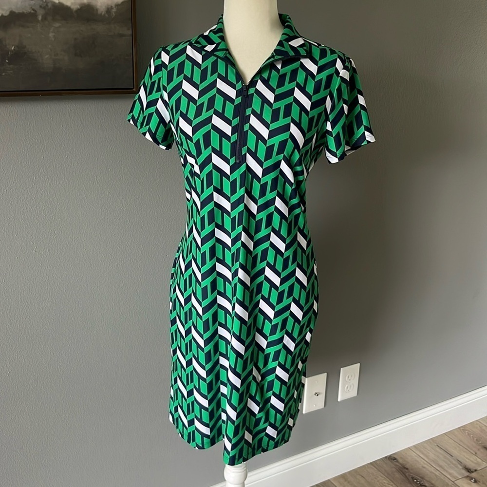 Jude Connally Alexia Dress GEO Block Navy-Green-White-Athleisure Zip